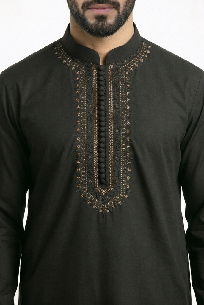 MTO Black Tilla Embroidered Kurta Pajama