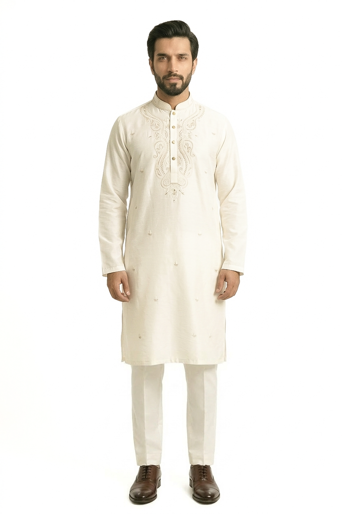 MTO White Embroidered Kurta Pajama