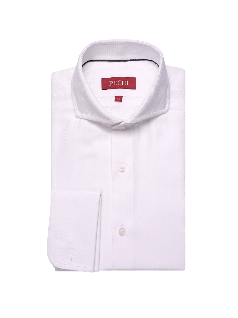 'Bespoke' White Self Stripe Shirt - Black Details
